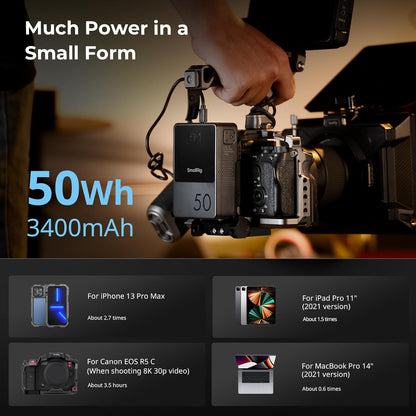 SMALLRIG V Mount Battery VB50, 50Wh / 3400mAh V-Mount Battery with PD 45W USB-C Fast Charging, with D-TAP, USB-A, Dual DC Ports, OLED Screen, for DSLR Camera, Camcorder, Monitor, Phone, Black - 3579B