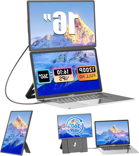 16 inch laptop screen extender - 1200P FHD IPS 16:10 portable monitor fits 13-17.3 inch, ultra-thin laptop monitor extender for Mac/Windows/Chrome, dual monitor setup for work, gaming - QUORE