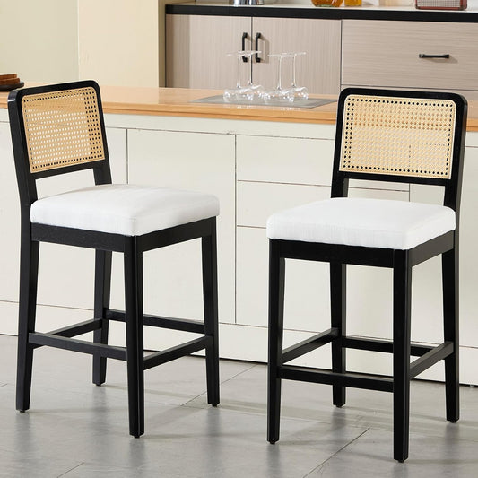 chairus Kitchen Bar Stools Set of 2 Upholstered High Stools Linen Mid-Century Breakfast Bar Stools with Wooden Legs (Black) - QUORE