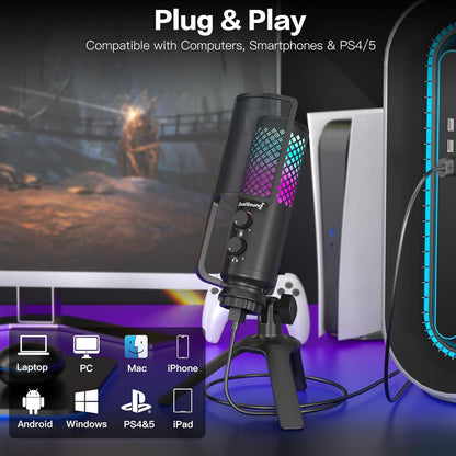 USB-Microfoon – Condensatormicrofoon – Gamingmicrofoon – Podcastmicrofoon – Streamingmicrofoon – RGB-Verlichting – Tap-To-Mute