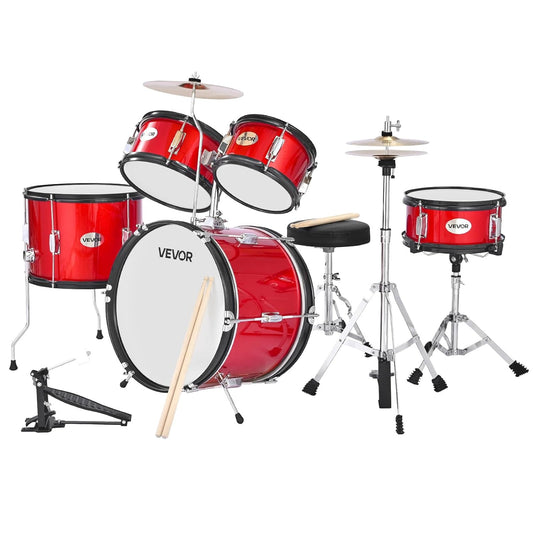VEVOR Kinderdrumset, 5-delige 16" Junior Drumsets, Beginner Drums Set met Verstelbare Troon, Bekken & Twee Paar Drumsticks, Muzikaal Leren Drums Instrumenten Kit, voor Kinderen Leeftijd 6-13 (Rood)
