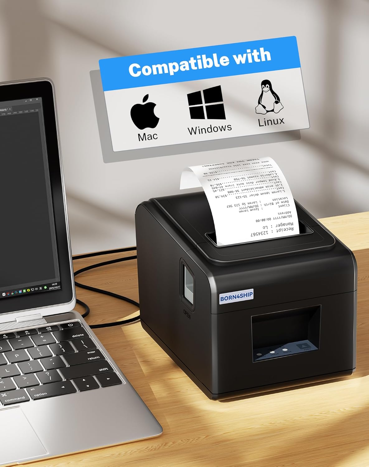 Thermoprinter, bondrukcer, 80 mm, thermische directe printer met USB-seriële LAN-poort, auto-cut lade, POS-printer, compatibel met ESC/POS Mac Windows Linux - V330M