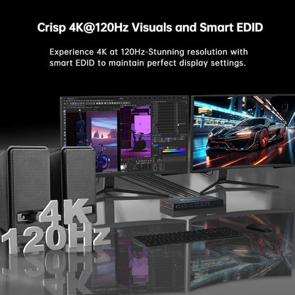 4K @120Hz HDMI DP KVM Switch Dual Monitor USB 3.0 2 monitoren 2 computers EDID emulatoren voor 2 pc's delen 2 schermen en 4 USB 3.0-poorten SPDIF kopieer uitbreidingsmodus, 2 USB-kabels en controller.