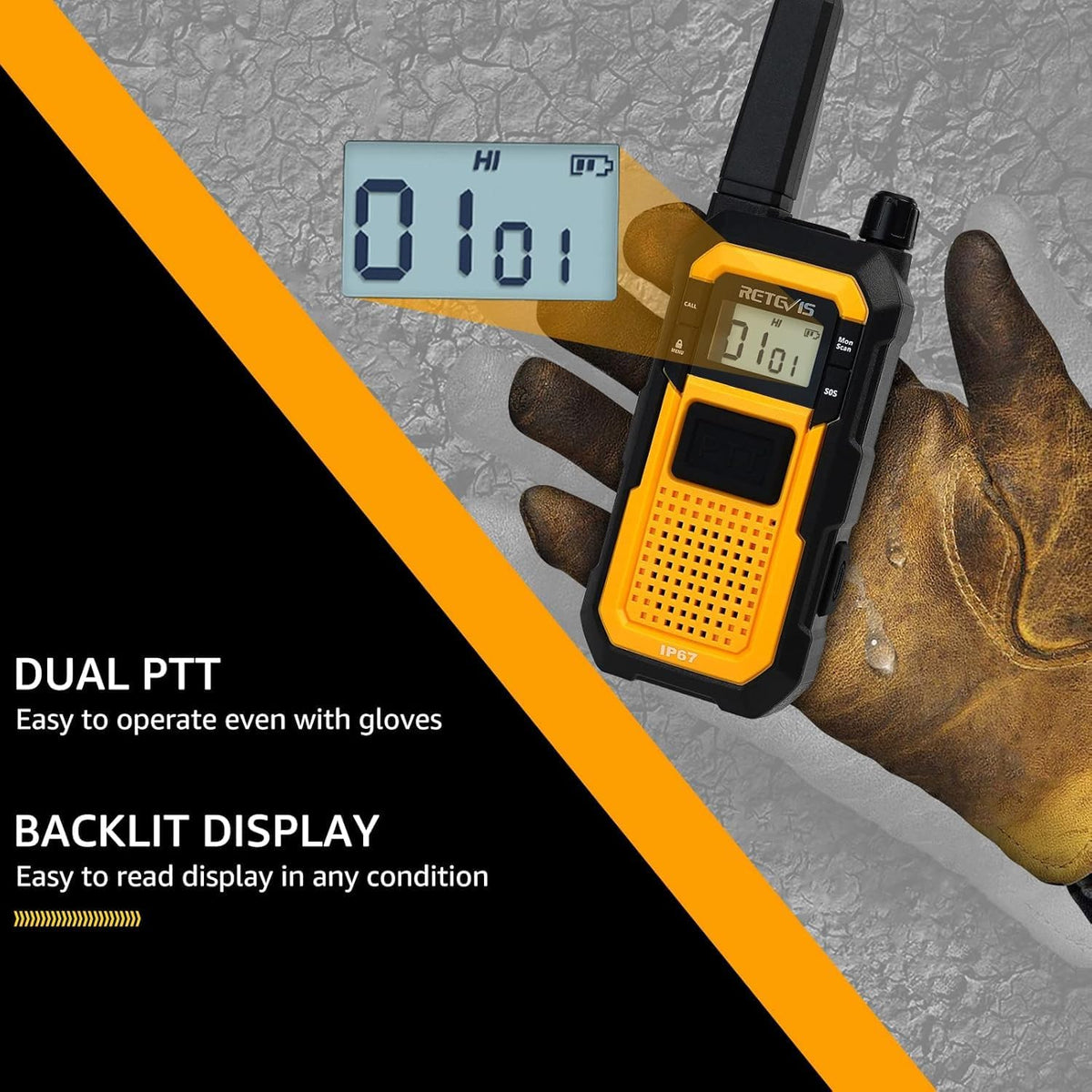 Retevis RB648 Zware Tweewegradio IP67 Waterdicht Stofdicht Robuuste Walkietalkies met Dual PTT VOX Oplaadbare Langeafstandsradio's voor Aannemers, Werklocaties en Buitengebruik (2-pack)