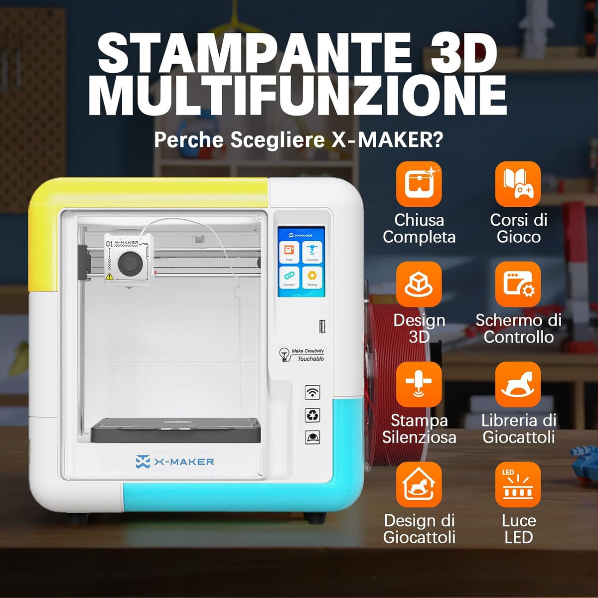 X‑Maker 3D-Printer met Ontwerpsoftware, AI-Ontwerpsoftware, Uitgebreide Printbibliotheek, Zelfontwikkelde App en 15 Ontwerpmodules,Snel 3D-Printen