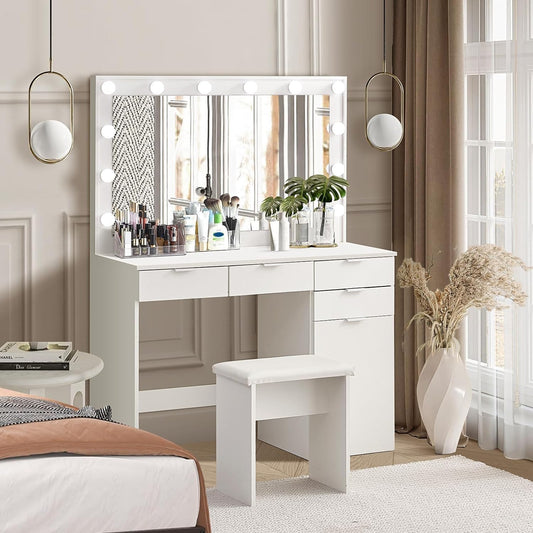 CLIPOP Dressing Table with LED Mirror, Makeup Table with Stool, Dressing Table with 4 Drawers and 1 Closed Storage Compartment for Bedroom - QUORE