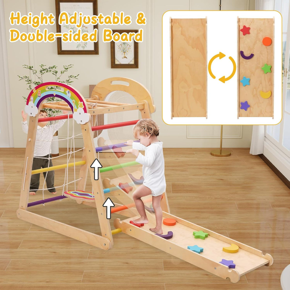 Montessori Klimrek, 5-in-1 indoor speelplaats voor kinderen, met schommel, boog, glijbaan en klimtouw