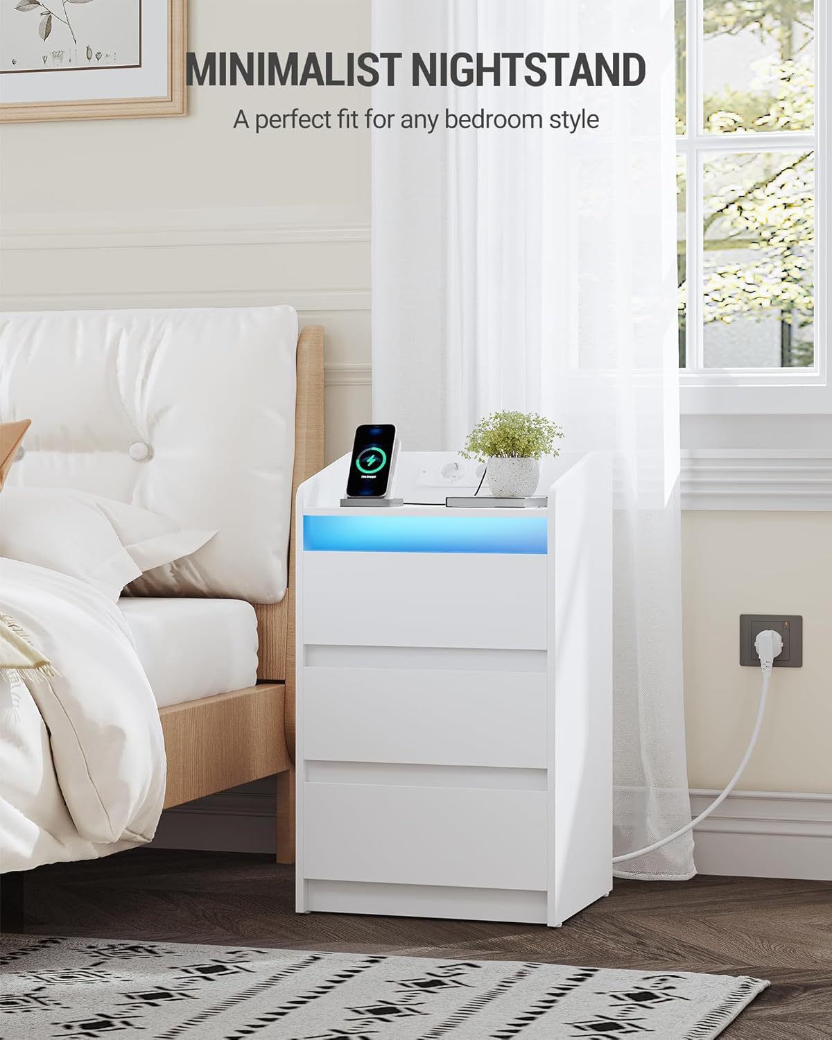 Hzuaneri Bedside Table Set of 2 with 3 Drawers, Side Table with Charging Base and LED, 2 AC Outlets and 2 USB Ports for Bedroom, Living Room, White NS40103X