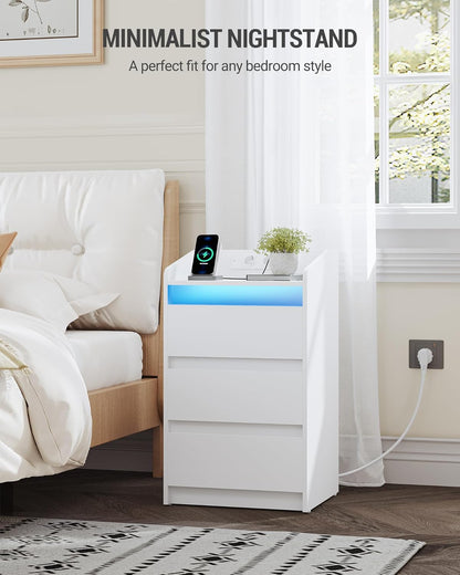 Hzuaneri Bedside Table Set of 2 with 3 Drawers, Side Table with Charging Base and LED, 2 AC Outlets and 2 USB Ports for Bedroom, Living Room, White NS40103X