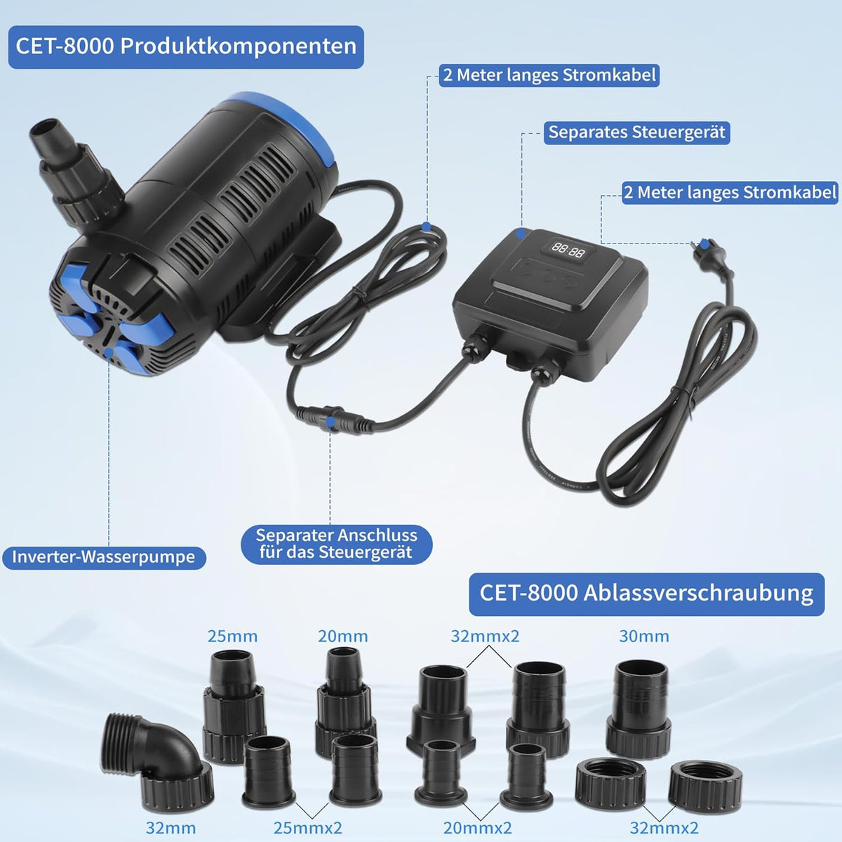 Forever Speed vijverpomp voor buiten, regelbaar 80W Eco-motor beekloopomp 8000 L/u met multifunctionele controller voor tuinvijver, visvijver, fontein