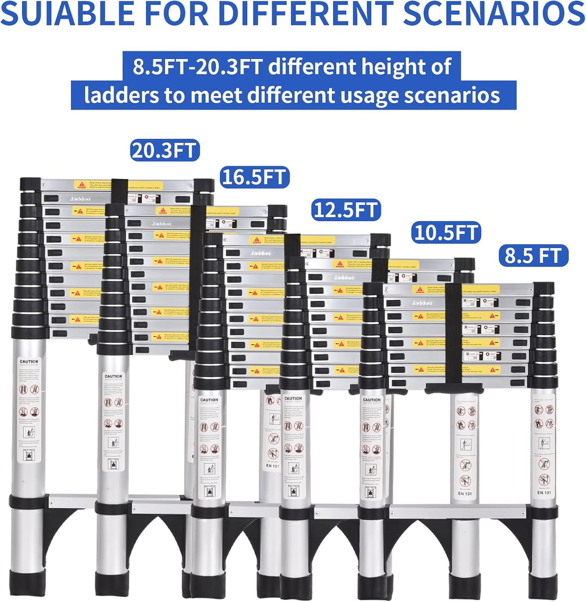 JADDUO Telescopische ladder, 5,0 m, uittrekbare treden, aluminium uittrekbare ladder, voor doe-het-zelvers, inklapbaar, uniek, rechts, multifunctionele ladder, draagkracht 150 kg, trapafstand 30 cm