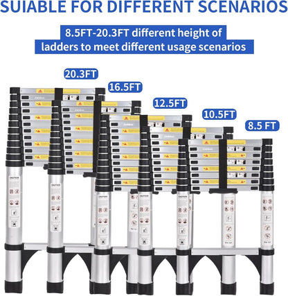 JADDUO Telescopische ladder, 5,0 m, uittrekbare treden, aluminium uittrekbare ladder, voor doe-het-zelvers, inklapbaar, uniek, rechts, multifunctionele ladder, draagkracht 150 kg, trapafstand 30 cm
