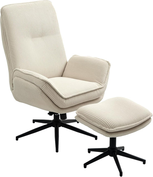 HOMCOM Relaxsessel mit Hocker 360°Drehbarer Fernsehsessel mit Liegefunktion TV-Sessel mit Cord-Optik, Ruhesessel für Wohnzimmer, Schlafzimmer, Beige - QUORE