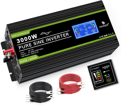 NOVOPAL 3000 W zuivere sinus omvormer 12 V naar 230 V spanningsomvormer power omvormer converter met 5m afstandsbediening LCD-display & 2 EU AC-stopcontacten & 2.1A USB-poorten