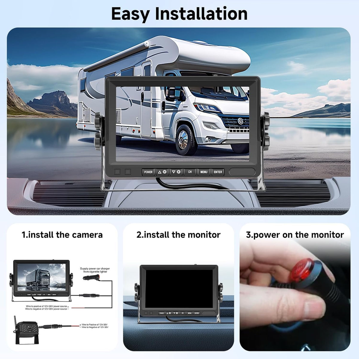Wireless Rear Camera 1080P with 7 Inch IPS Monitor, DVR + 2 Rear Cameras for Car, IP68, Night Vision, DIY Guidelines for Truck, Bus, Van, RV, SUV, - QUORE
