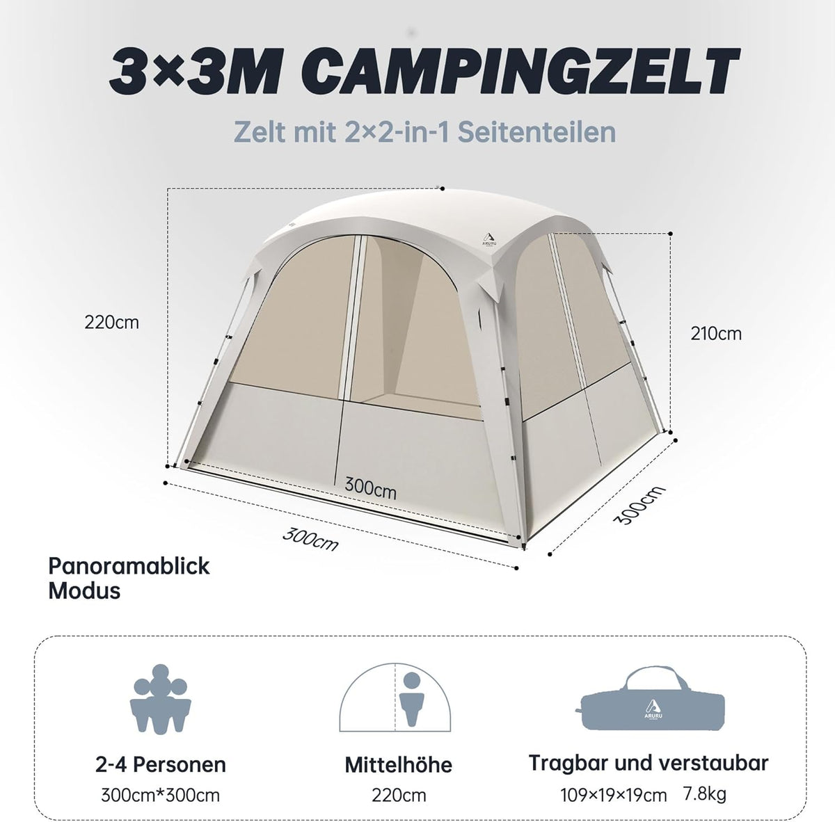 Campingpaviljoen, 3 x 3 m, koepeltent met 4 of 2 x 2-in-1 zijpanelen, waterdicht, zonwering en muggennet met titanium blackout coating, camping, strand en tuintent, pop-up tent, opbouw