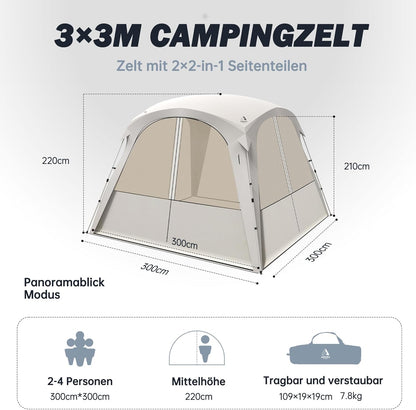 Campingpaviljoen, 3 x 3 m, koepeltent met 4 of 2 x 2-in-1 zijpanelen, waterdicht, zonwering en muggennet met titanium blackout coating, camping, strand en tuintent, pop-up tent, opbouw