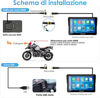 Carpuride W702B Motorfiets Carplay Scherm met Custom Mount voor BMW Motorbike, Wireless CarPlay en Android Auto, Draagbaar 7 inch Waterdicht Touchscreen, Dual Bluetooth, Navigatie, Siri.