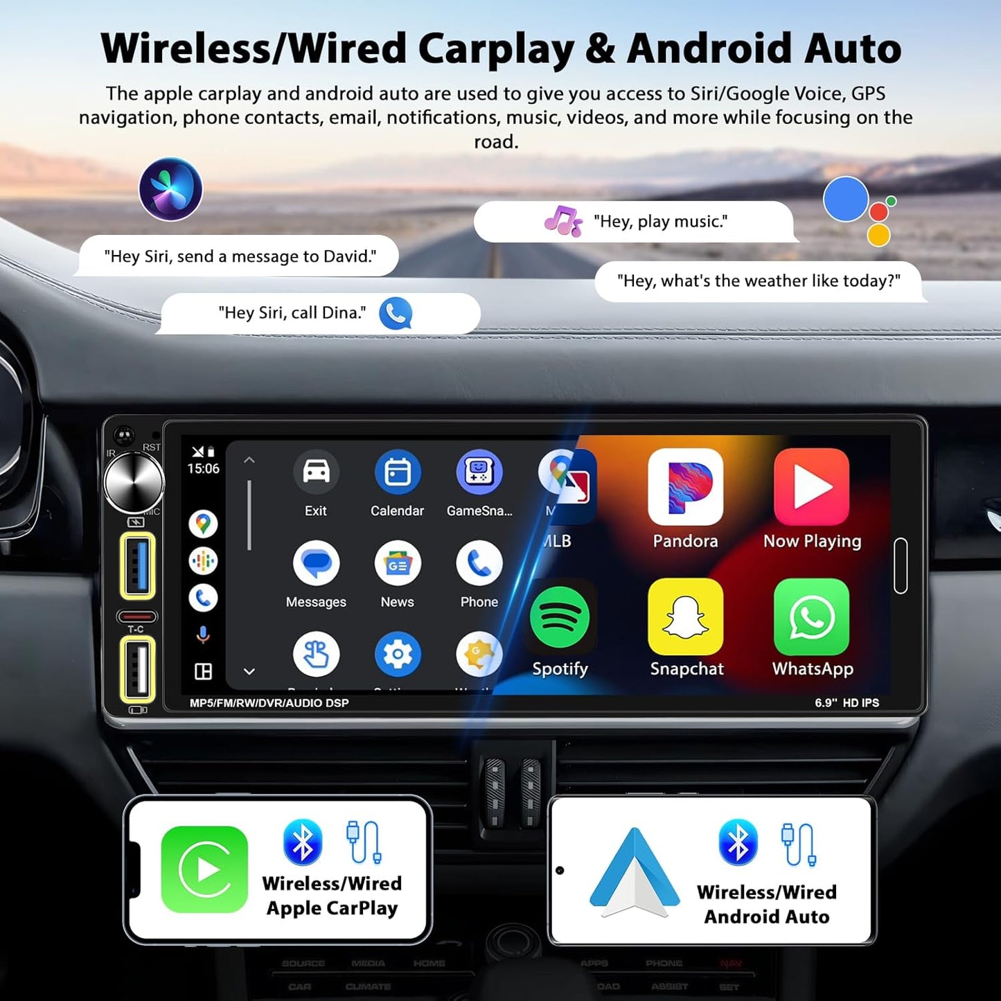 Carplay 1 Din Car Radio Compatible with Wireless Android Car 6.9 Inch Touch Screen Bluetooth Car Radio Supports Hands-free Mirror Link FM Radio/USB Type-C EQ with Rearview Camera - QUORE