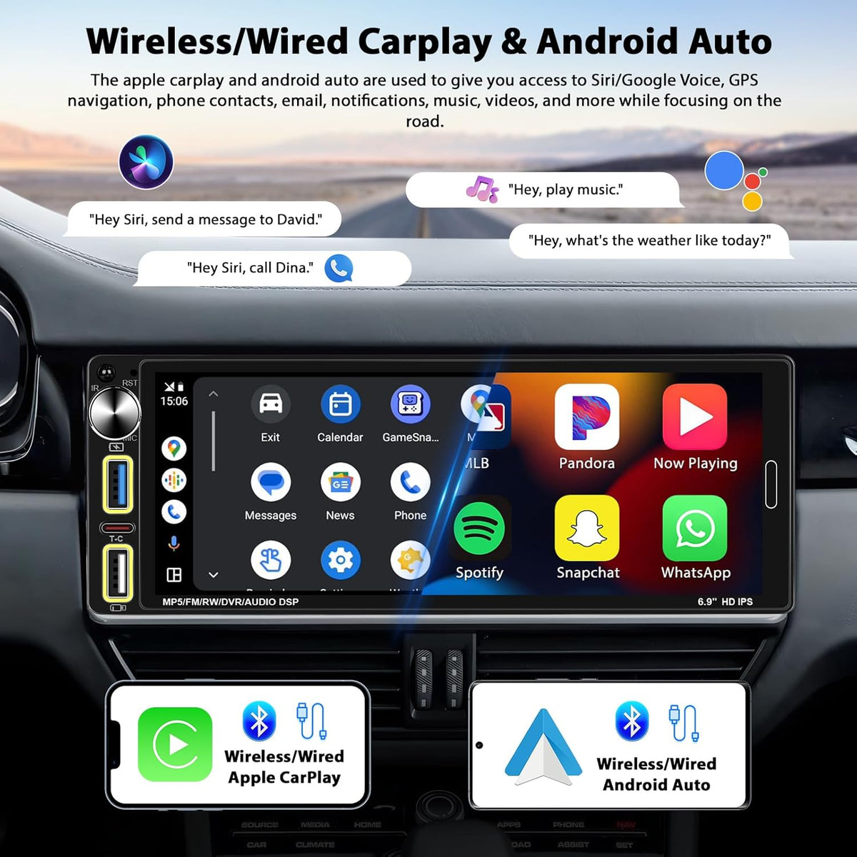 Carplay 1 Din Car Radio Compatible with Wireless Android Car 6.9 Inch Touch Screen Bluetooth Car Radio Supports Hands-free Mirror Link FM Radio/USB Type-C EQ with Rearview Camera - QUORE
