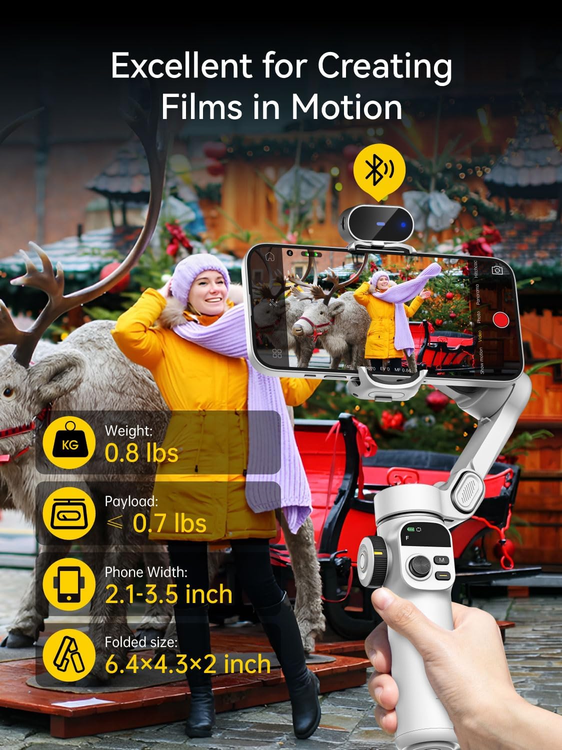 AOCHUAN Gimbal-stabilisator voor iPhone, telefoongimbal met AI-trackingsensor voor vlog-opname, 3-assige telefoongimbal met 7,8 inch verlengstang en OLED-display voor iPhone/Android-Smart X2 AI wit