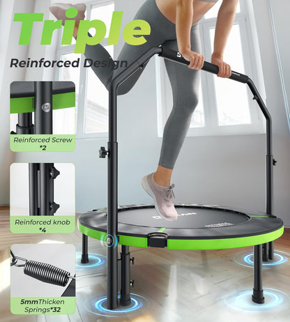 BCAN Indoor trampoline, 102 cm fitness minitrampoline, opvouwbaar, voor volwassenen met verstelbare handgreep, maximale belasting 150 kg, ideaal voor hometraining en fitnesstraining