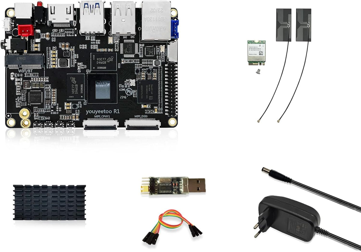 youyeetoo R1 Single Board Computer Basic Rockchip RK3588S -8K display, ondersteuning HDMI 2.1, SATA 3.0, PCIe 2.0 SSD, USB Host x5, NFC -AIoT/NAS -Android 13/Debian (4GB RAM + 32GB eMMC (WiFi Kit))