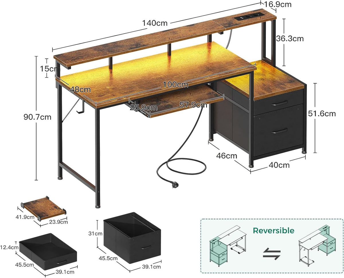 Colsehome Bureau met Laden, 140x48cm Omkeerbaar Computer Bureau met Stopcontact & USB, Gaming Tafel LED Licht, Toetsenbordlade & Monitorstandaard voor Kantoor, Slaapkamer, Bruin