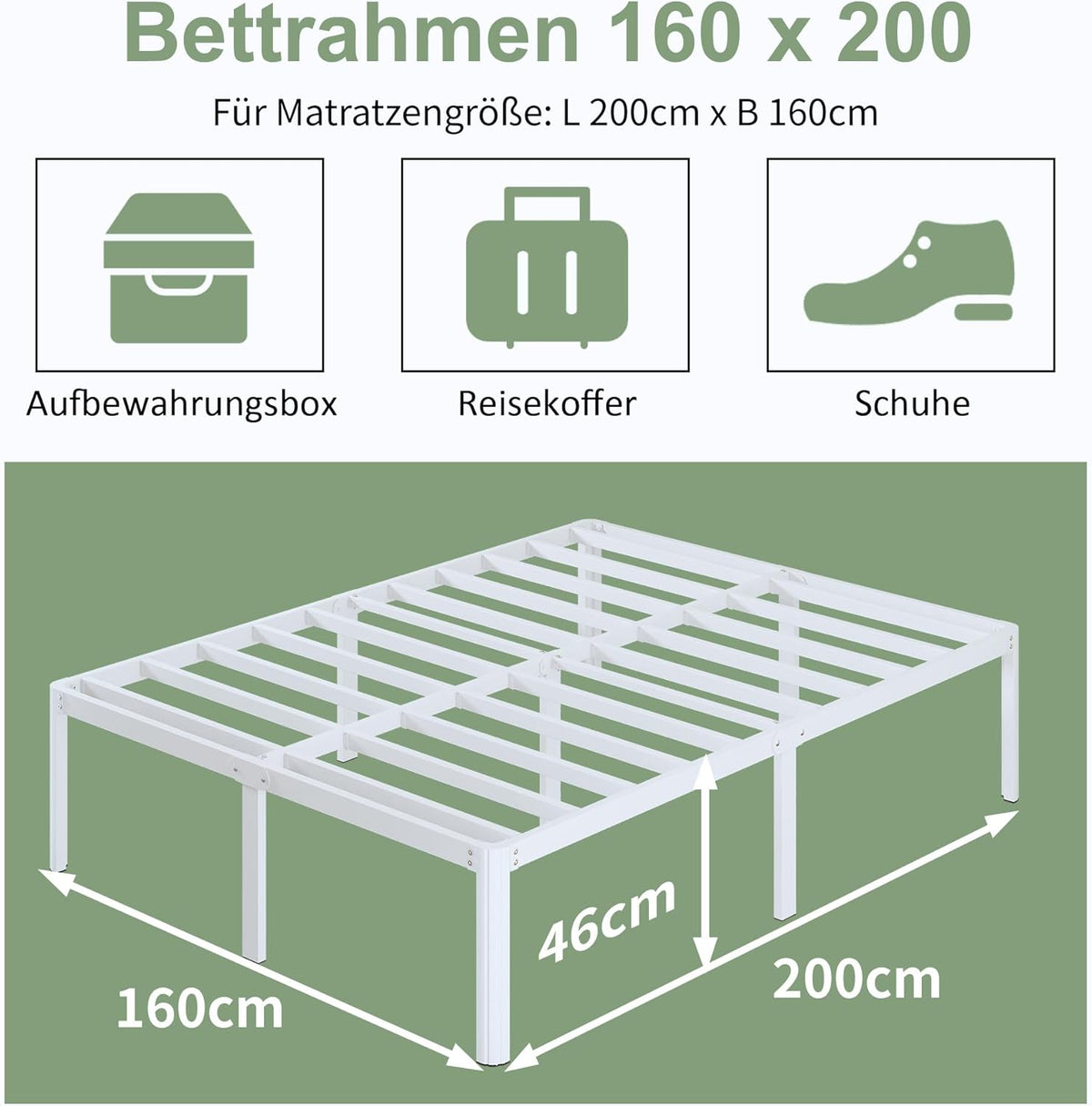 Lutown-Teen Metalen Bedframe 160x200 cm met Ronde Hoekpoten, Hoogte 46cm, Bed Frame 160 x 200 met Lattenbodem Van Metaal, Stabiel, Eenvoudige Montage, Veel Opbergruimte, Wit