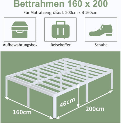 Lutown-Teen Metalen Bedframe 160x200 cm met Ronde Hoekpoten, Hoogte 46cm, Bed Frame 160 x 200 met Lattenbodem Van Metaal, Stabiel, Eenvoudige Montage, Veel Opbergruimte, Wit