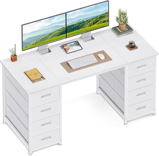 Coleshome Bureau met 8 Stoffen Laden, 120 x 48 cm, Wit Bureau met Opbergruimte, Computerbureau, Kantoortafel, Kantoortafel voor Kantoor, Woonkamer, Thuiskantoor