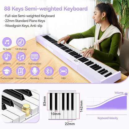 E-piano 88 toetsen – Keyboard Piano – Digitale Piano – Opvouwbare E-Piano – Elektrische Piano – Paars – Bluetooth en MIDI-ondersteuning – 1800 mAh Batterij