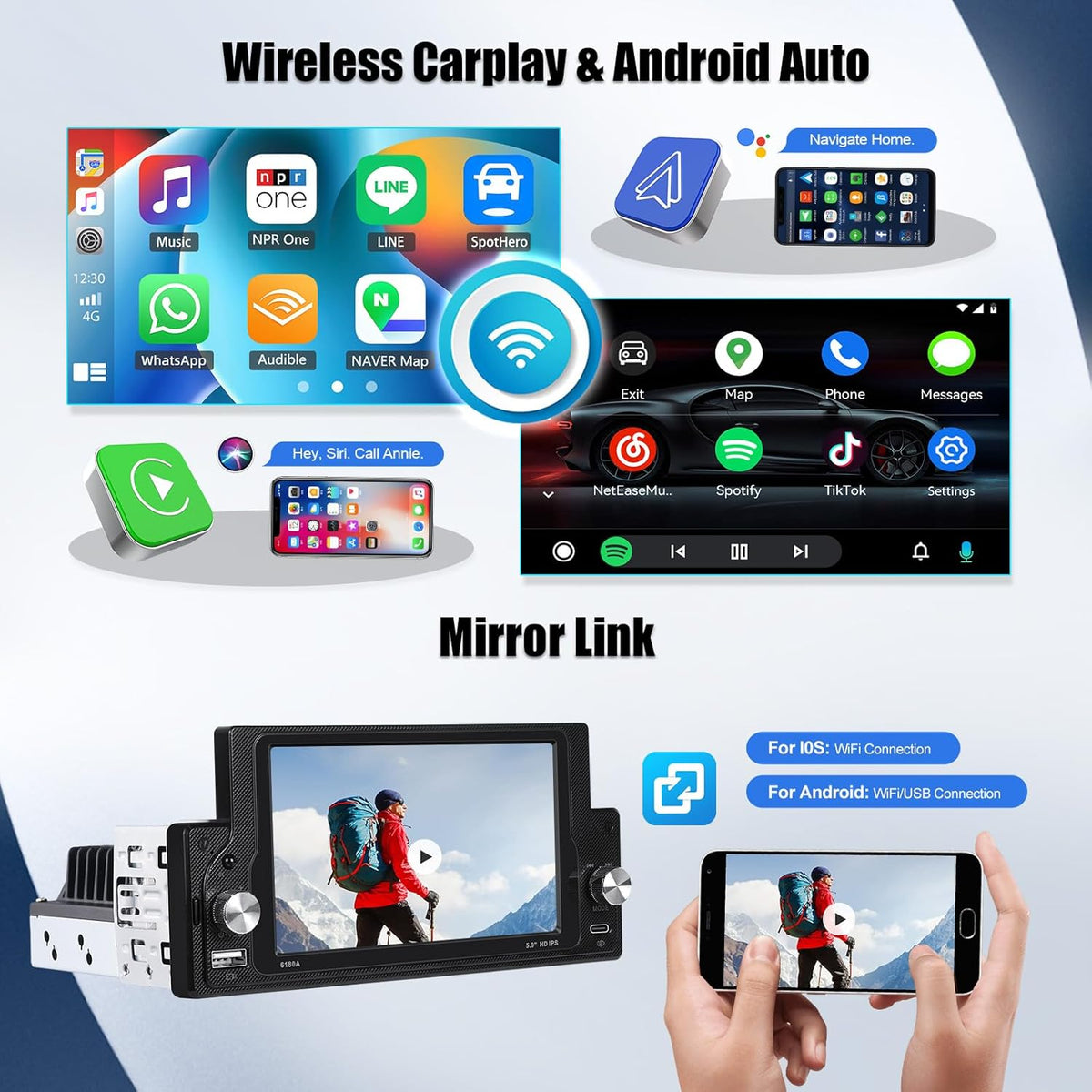 [2 + 64G] SIXWIN Android 13 autoradio 1 DIN met fysieke toetsen, 5,9 inch capacitief touchscreen wifi/GPS/FM/RDS/Bluetooth/SWC