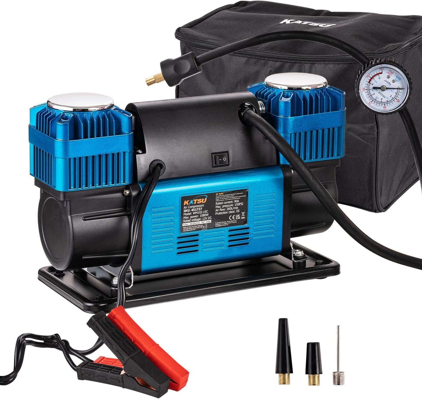 KATSU Tools Professionele auto-luchtcompressor, 2 cilinders, 150 psi, 12 V, 90 ampère, groot volume, draagbare luchtcompressor, bandenpomp voor 4WD auto, bestelwagen, trucks, fiets