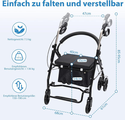 Vouwbaar en lichtgewicht rollator met zitting, winkelmandje, lichte wandelwagen voor senioren met in hoogte verstelbaar, stevige wielen, ideaal voor wandelen, winkelen en dagelijkse mobiliteit