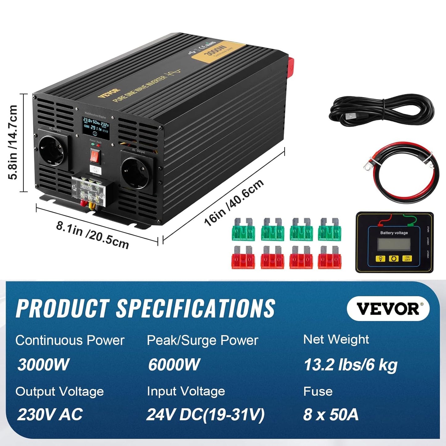 VEVOR Pure sinusomvormer, 3000 W DC 24 V naar AC 230 V, auto-omvormer met lcd-scherm, USB-poort afstandsbediening voor camper, zonne-systeem, reizen, camping