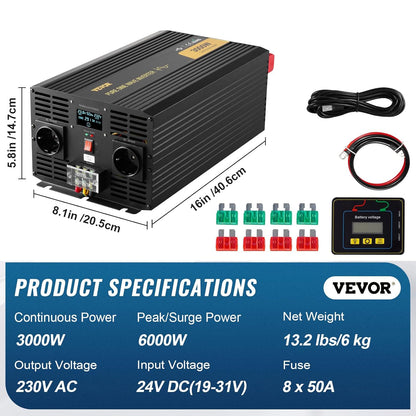 VEVOR Pure sinusomvormer, 3000 W DC 24 V naar AC 230 V, auto-omvormer met lcd-scherm, USB-poort afstandsbediening voor camper, zonne-systeem, reizen, camping