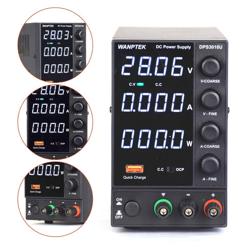 Wanptek - Power supply - Inverter - Adjustable voltage regulator 30V - 10 - 300W - 4-digit white display - For telephone repair - Laboratory bench power supply - Black