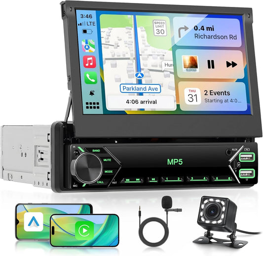 Autoradio 1 Din met draadloze Carplay Android Auto, 7 inch IPS HD handmatige flip touchscreen autoradio, ondersteuning Bluetooth Link spiegeling FM 2USB/Type-C stuurwielbediening