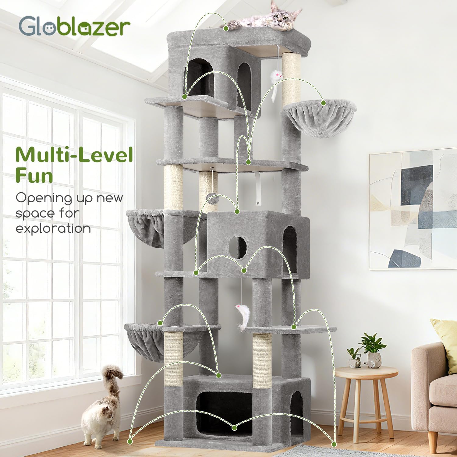 Globlazer Cat Tree Large, Scratching Post XXl high 204cm with 3 cat house, 2 Large Platform, 2 Cat Baskets Soft, Stable cat tower luxury for 3-5 Large cats Rest Play Indoor (F80F, Light grey) - QUORE