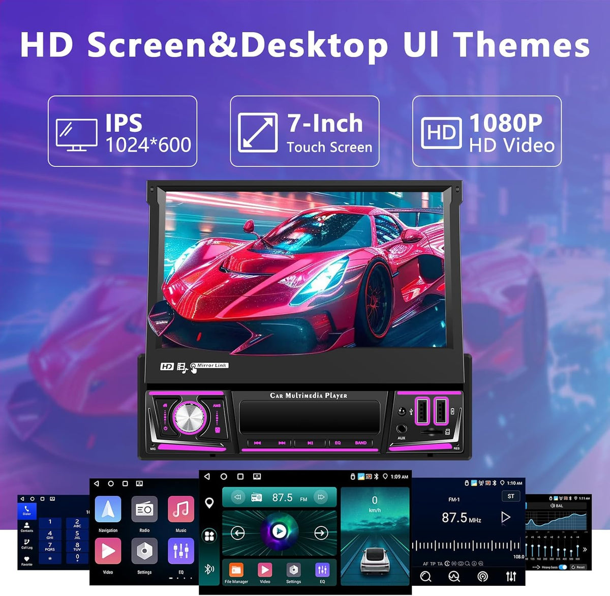 4+64G Auto Radio 1 din Android met Carplay Android Auto, Motorsi Bluetooth Single din Radio Auto met Scherm Support Mirrorlink/FM/GPS-Navigatie/WIFI/USB/SWC + Achteruitrijcamera + Microfoon