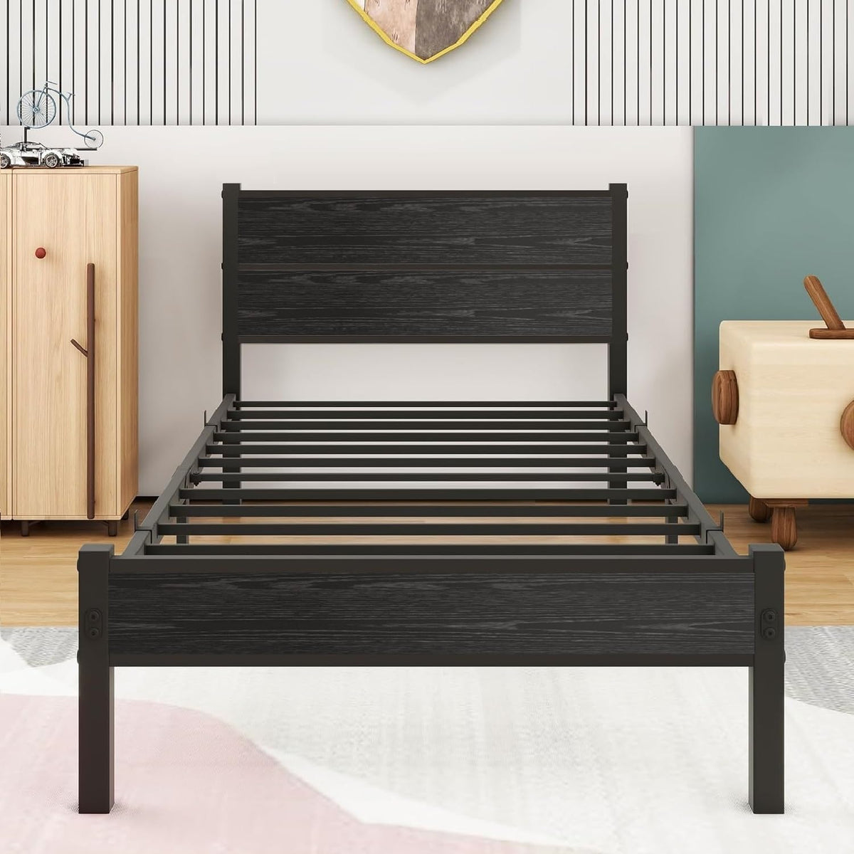 DUMEE Eenpersoonsbedframe met houten hoofdeinde en voetenplank, opbergruimte onder bed, zwart