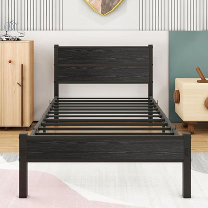 DUMEE Eenpersoonsbedframe met houten hoofdeinde en voetenplank, opbergruimte onder bed, zwart