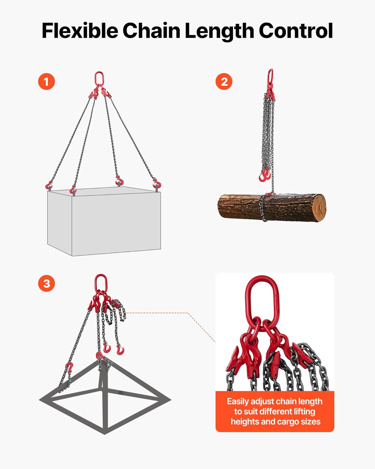VEVOR Chain Sling, 10 mm x 3 m Lifting Chains with 4 Leg Grippers, Heavy Duty G80 Alloy Steel Lifting, 10.4 Ton Capacity, Adjustable Motor Chain, Hoist Lifts for