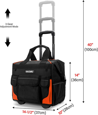 HAUTMEC 14,5 inch rollende gereedschapstas met wielen, 25-pocket draagbare gereedschapskist organizer met 600D waterbestendige stof, brede mond ontwerp, extra grote wielen en telescopische handgreep -