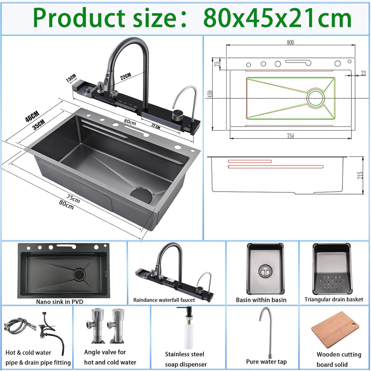 304 Roestvrij Staal Keuken Spoelbak, 80x45x21cm Zwarte Enkele Kom Multifunctionele Waterval Sink