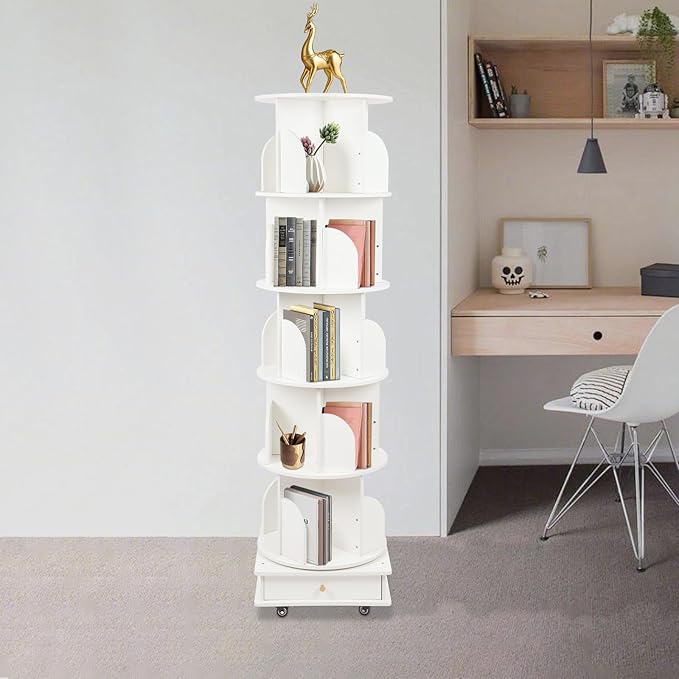 Bookcase, 5-Tier 360° Rotatable Freestanding Book Holder with Universal Wheels for Storing a Large Number of Books, Magazines, Craft Decorations, CDs, Etc. (White) - QUORE