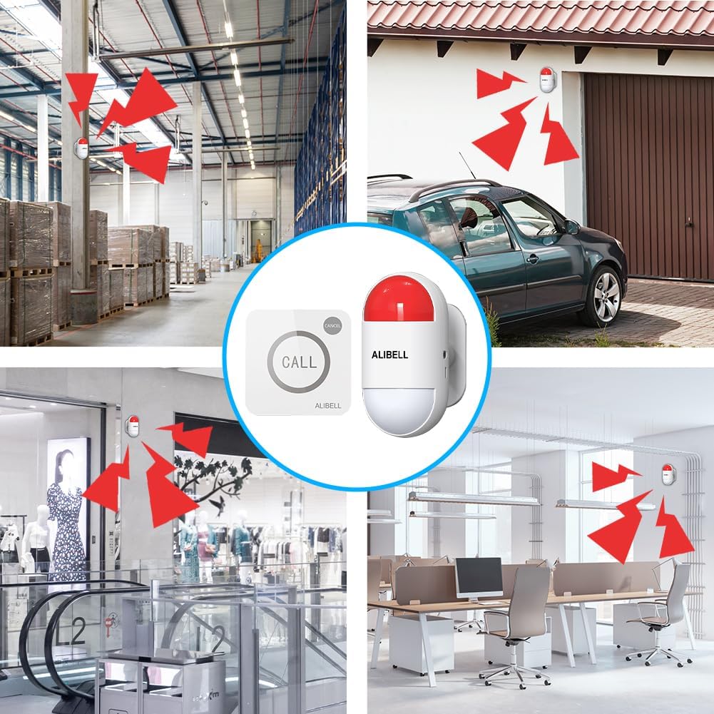 ALIBELL Persoonlijk alarm 120 dB sirene, noodsituatie, veiligheidssysteem voor huis/bedrijf/fabriek, 4 noodoproepknoppen + 2 sirene (werkt op batterijen en Plug-in Netstroomvoorziening)