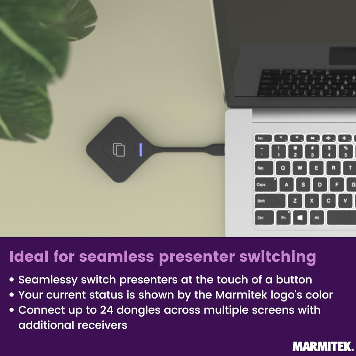 Draadloos 4K HDMI presentatiesysteem Marmitek Stream 4K Pro KIT 1TX/1RX - Zonder software of wifi - USB-C dongle & receiver, split screen, touchback, PoE - Dual HDMI - BYOD mirroring
