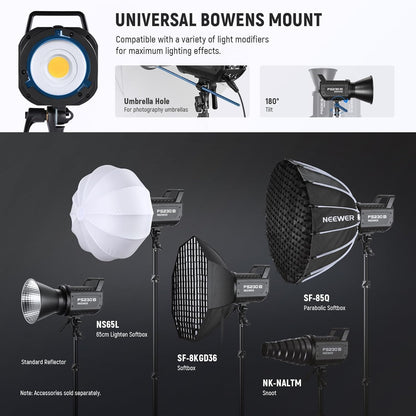LED Studiolicht – Videolamp – Studiolamp – COB LED – Continu Licht – 230 W Bi-Color 2700K-6500K – 110.000 Lux/M, 2,4G/App-Bediening